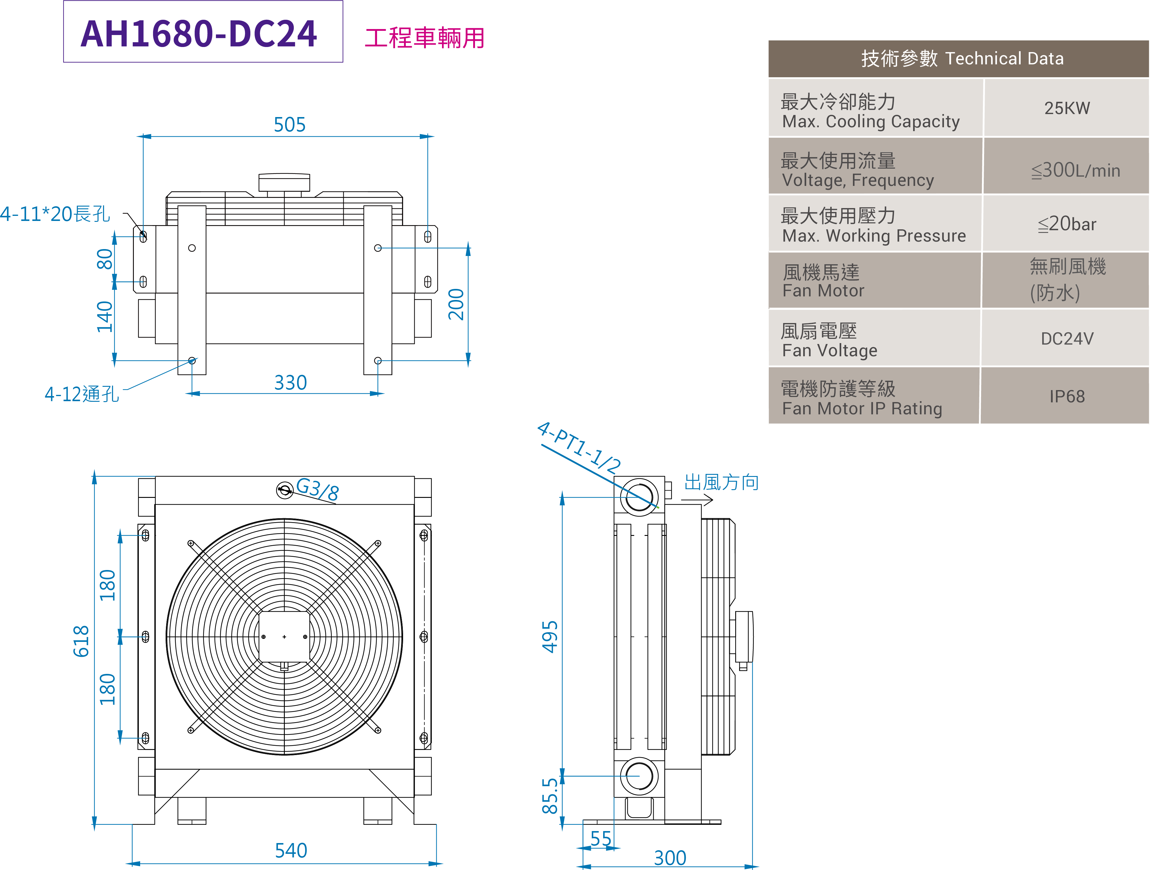  CML中高壓型風冷式油冷卻器,外型尺寸,產品圖面AH1680-DC24