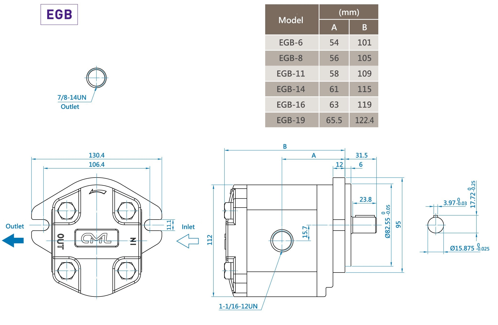 CML Bシリーズ低騒音外部歯車ポンプ 測定、寸法、図