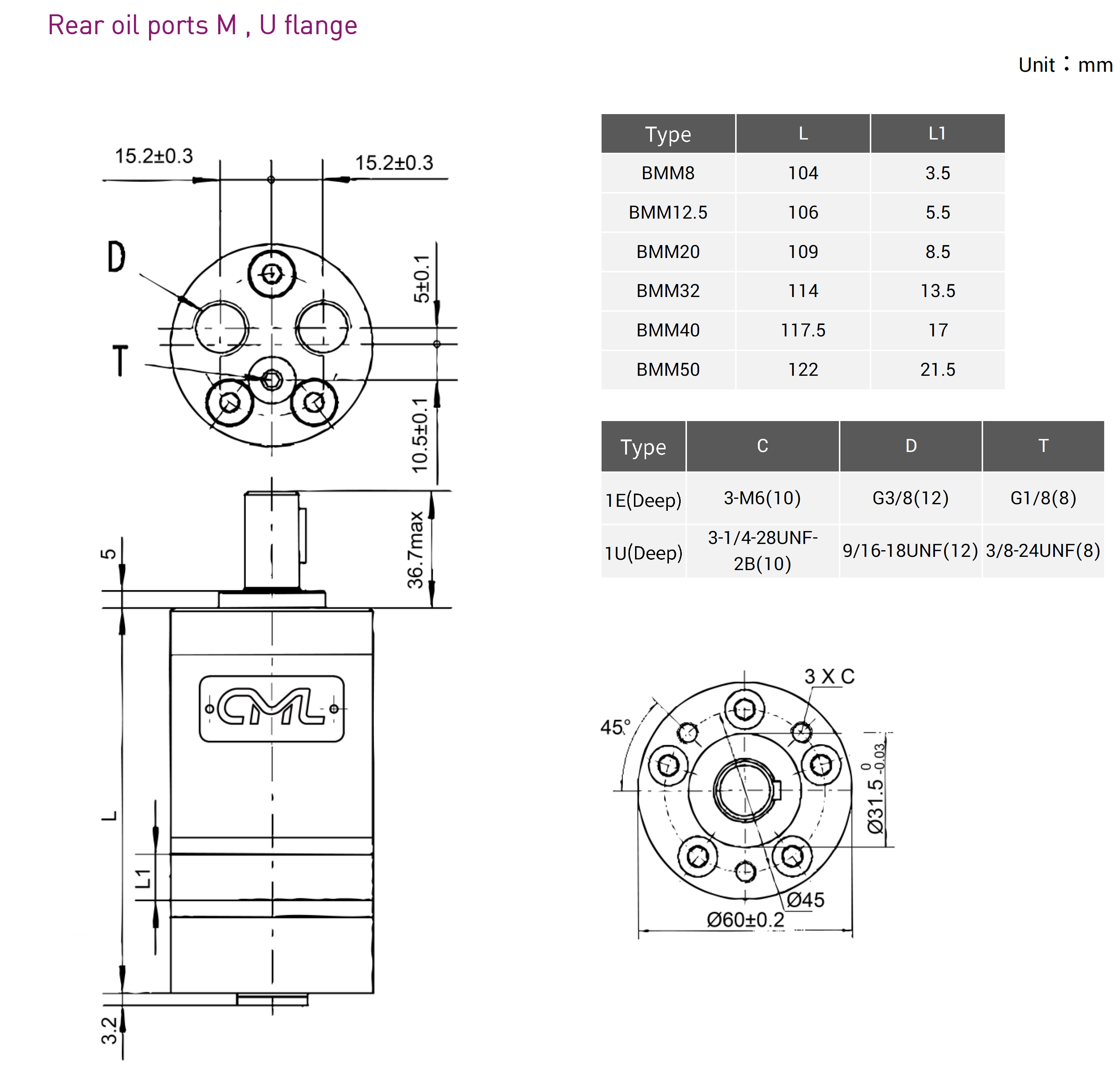 CML BMM-Serie Kleinvolumen-Orbitalhydraulikmotor Messungen: Hintere Ölanschlüsse M, U Flansch