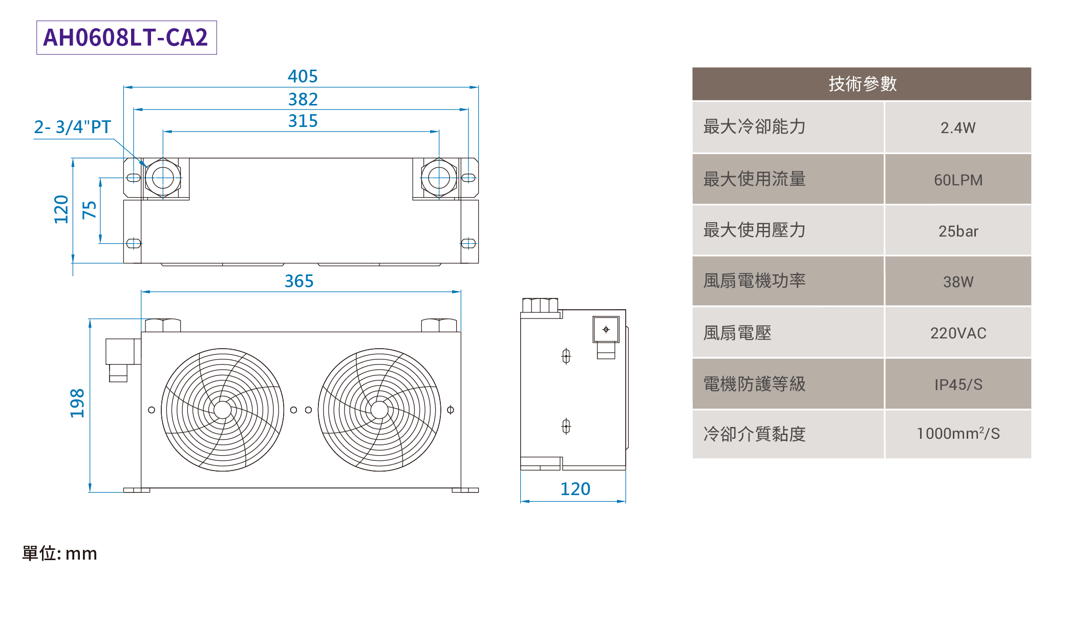 CML中高压型风冷式油冷却器,外型尺寸,产品图面AH0608LT-CA2