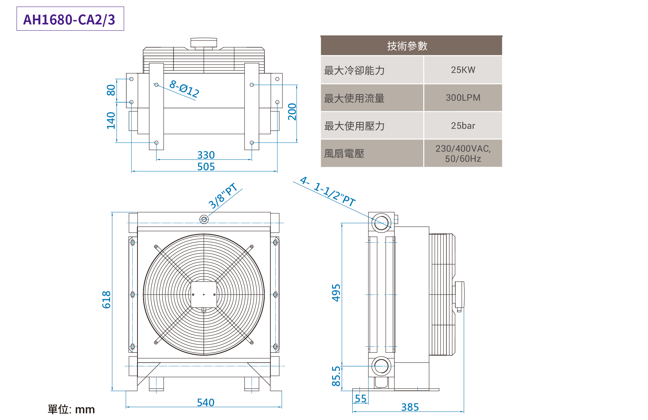  CML中高壓型風冷式油冷卻器,外型尺寸,產品圖面AH680-CA2/3