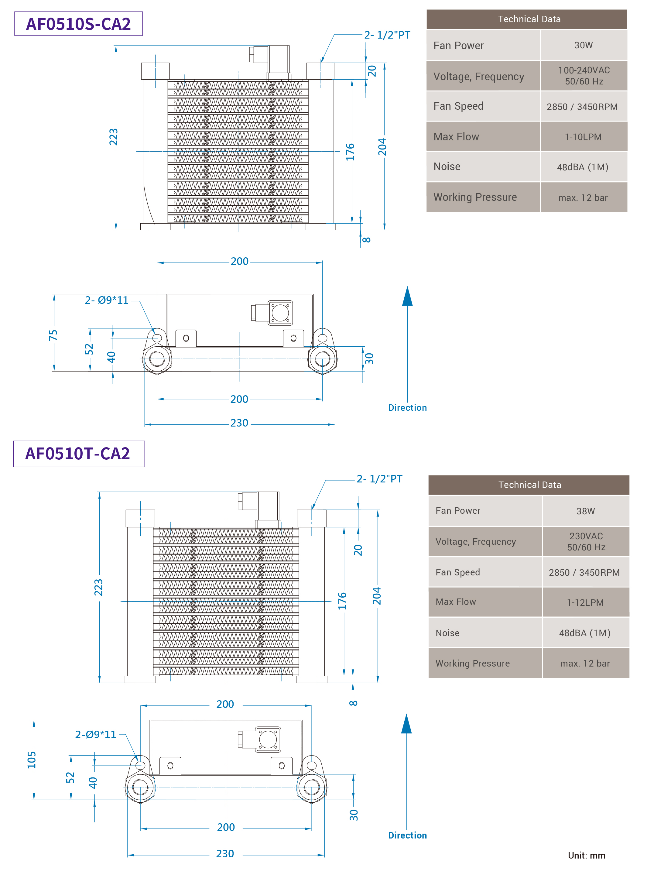 CMLMedium &amp; low-pressure aeris-cooled coolers,Mensura,dimensioAF0510S-CA2, AF0510T-CA2