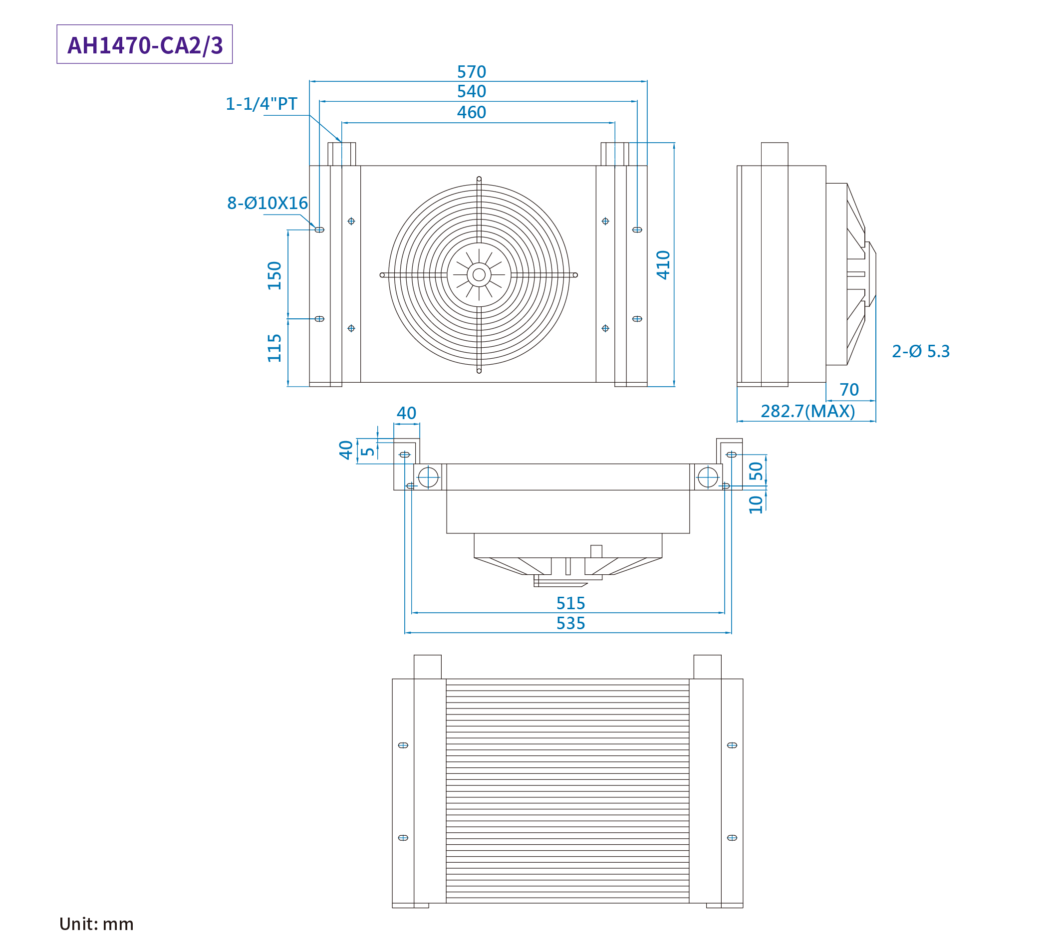 CMLMedium &amp; summus pressura aer refrigeratus coolers, mensurae, dimensio AH1470-CA2/3