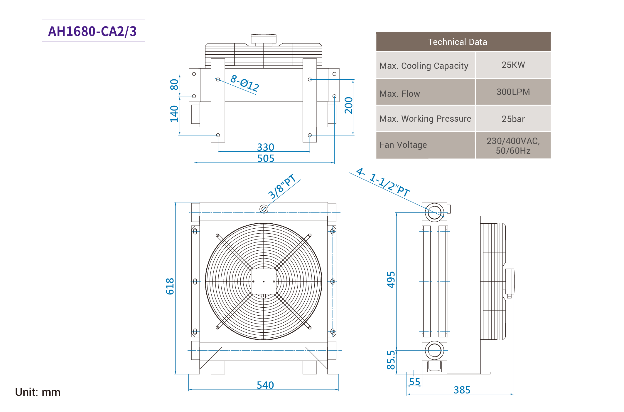 CMLMedium &amp; summus pressura aer refrigeratus coolers, mensurae, dimensio AH680-CA2/3