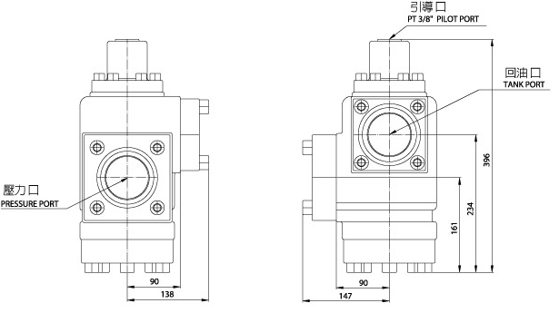 Válvula de precarga CPDF-32-90°-L (Traditional Valve) Diagrama de dimensiones