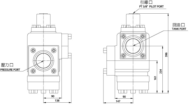 Válvula de pré-preenchimento CPDF-32-90°-L(傳統閥) Diagrama de dimensões