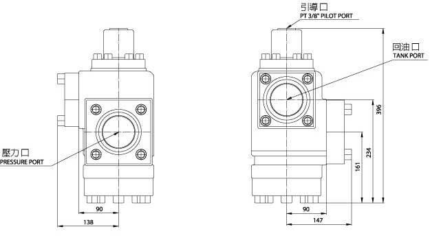 Válvula de pré-preenchimento CPDF-32-90°-R(傳統閥) Diagrama de dimensões