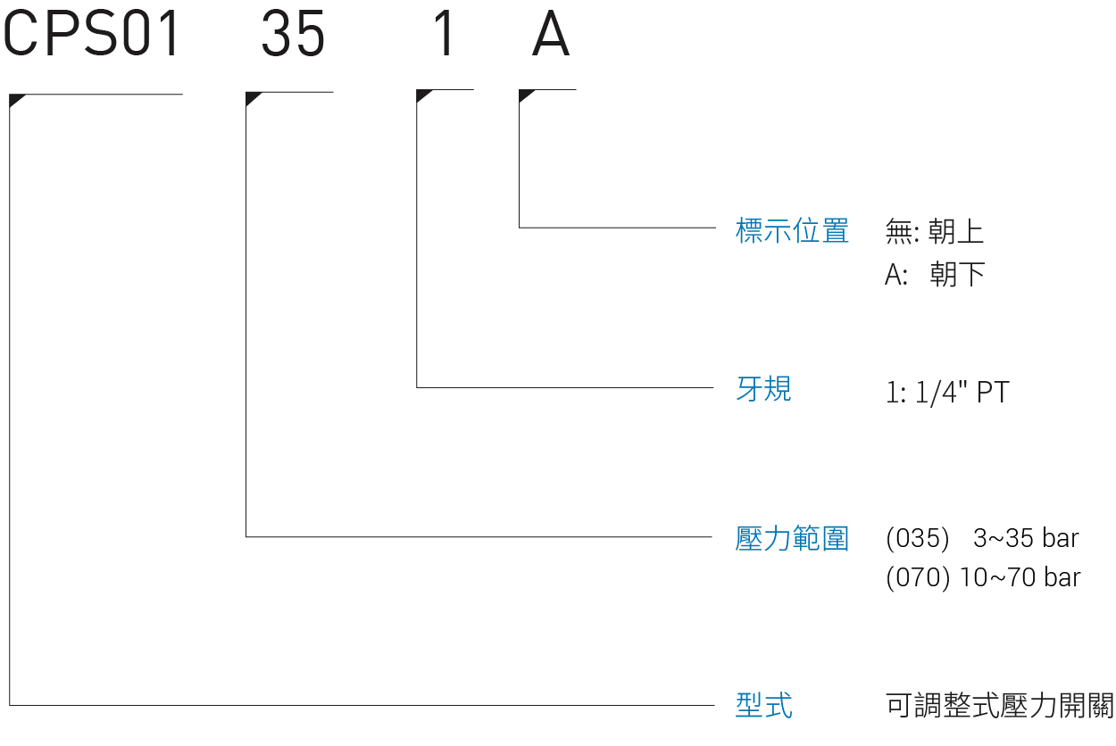 CML 可調整壓力開關CPS01形式編碼,訂購說明