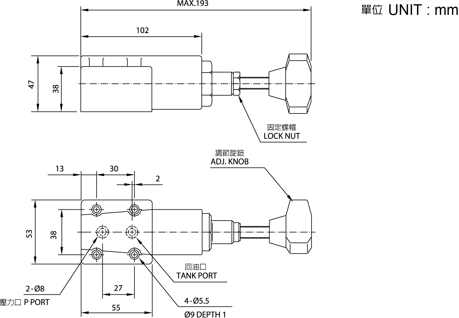 CMLダイレクトタイプリリーフバルブDT-02、DG-02（従来のバルブ）寸法図