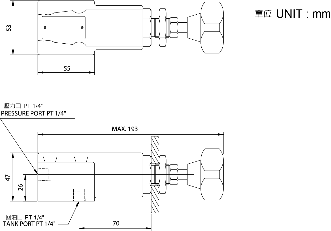 CMLダイレクトタイプリリーフバルブDT-02、DG-02（従来のバルブ）寸法図