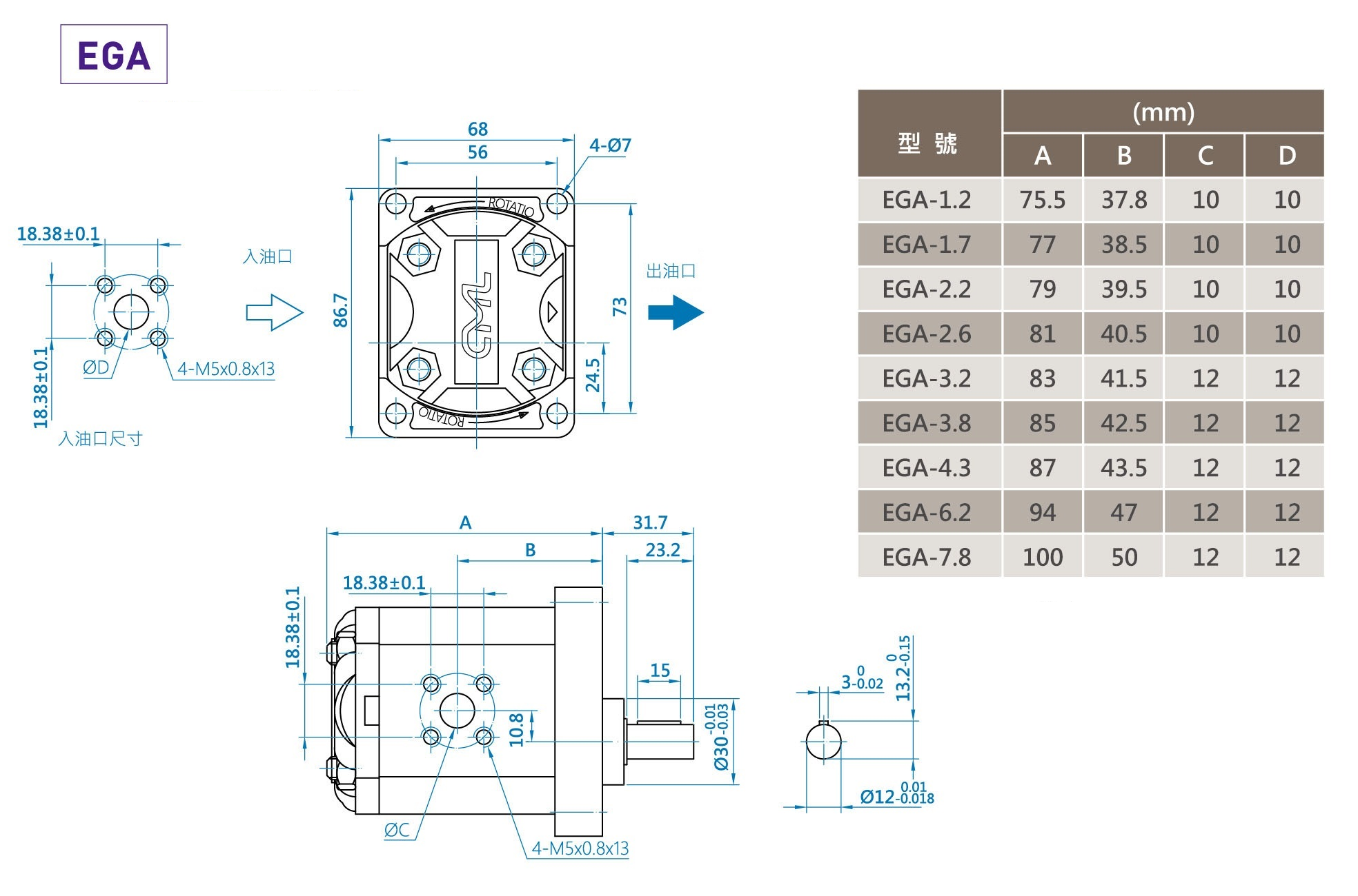 CML A系列小型化低噪音外啮合齿泵EGA尺寸图