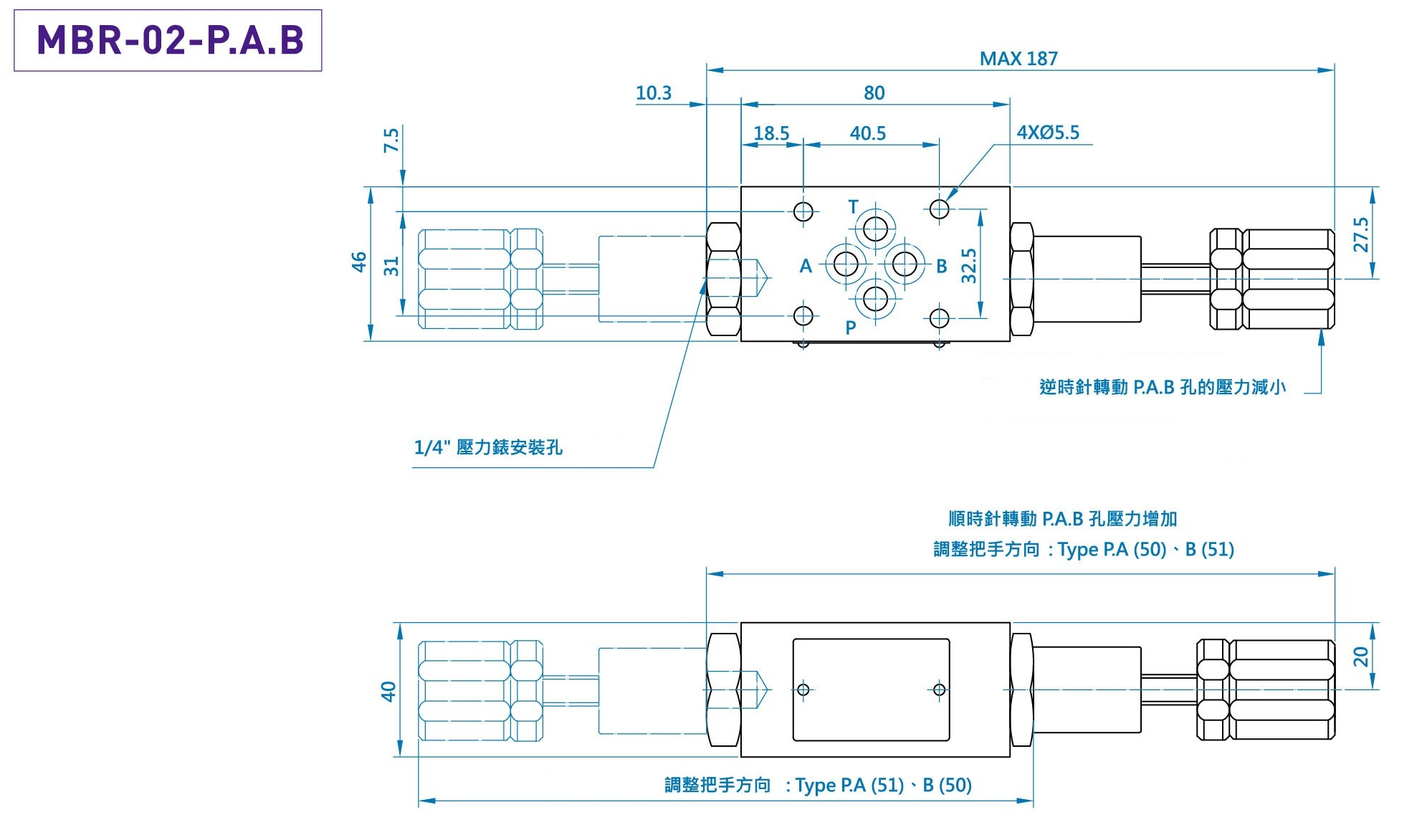 CML疊加型減壓閥MBR (積層型) 尺寸圖MBR 02 P, A, B