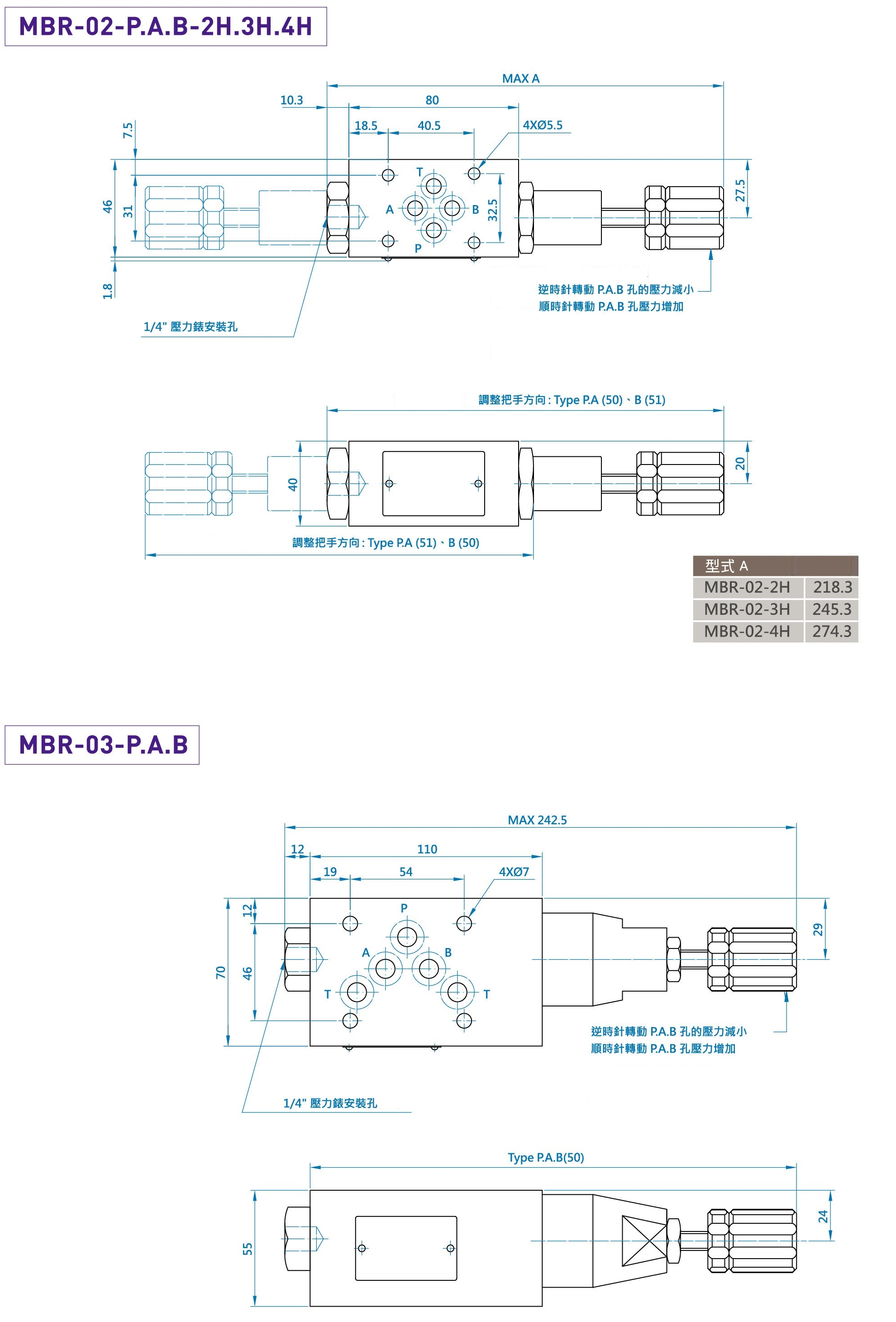 CML疊加型減壓閥MBR (積層型) 尺寸圖MBR 03 P, A, B