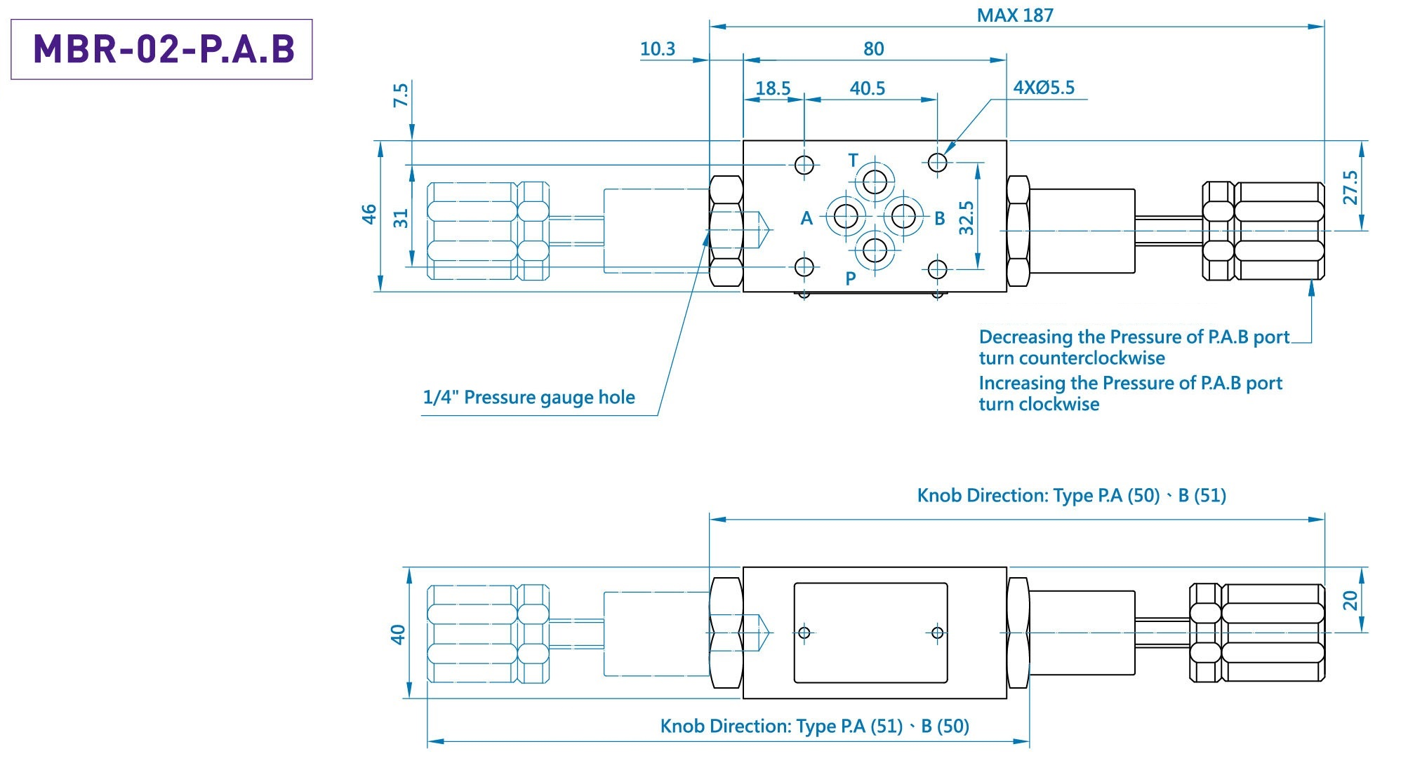 CML Válvula redutora de pressão modular MBR Dimensão, Diagrama