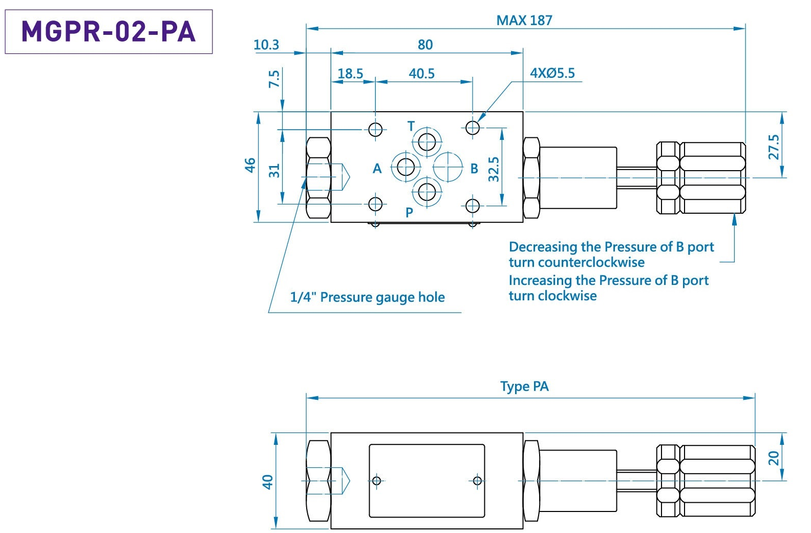 CML Modular P ad A type Pressure Reducing Valve MGPR Mensura, Dimensione, Diagramma