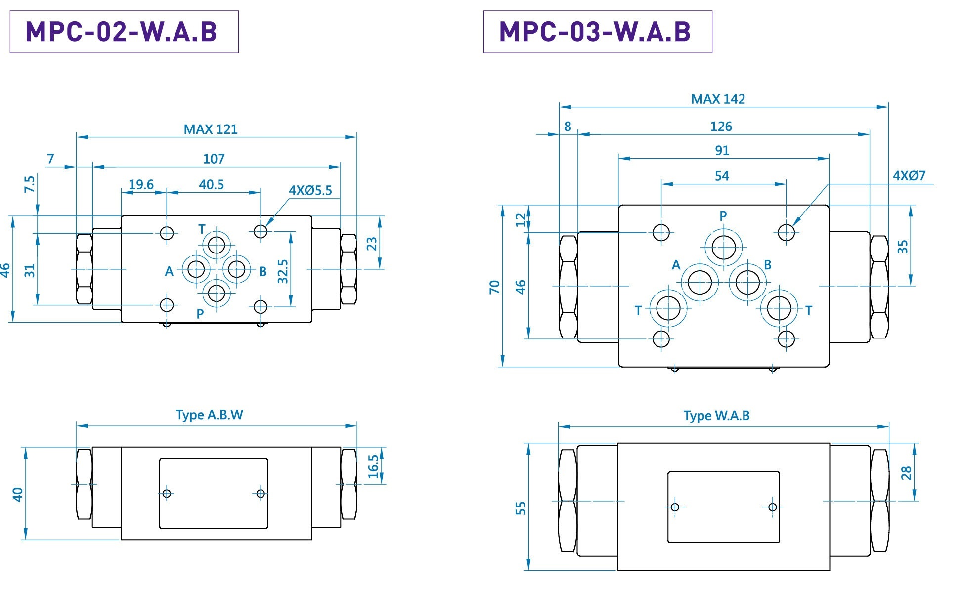 CML Válvula de retención accionada por piloto modular MPC Medición, dimensiones, diagrama