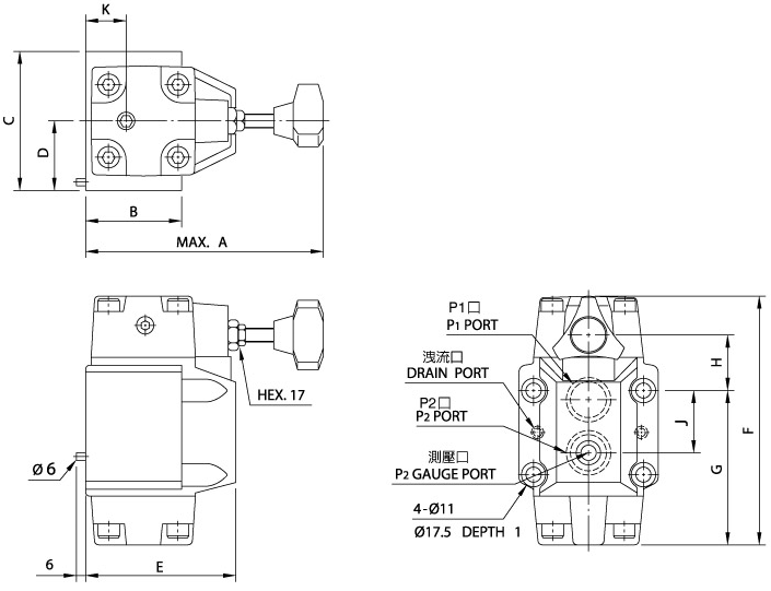 Válvulas reductoras de presión y de retención RCG03.06 (Válvula convencional) Diagrama de dimensiones