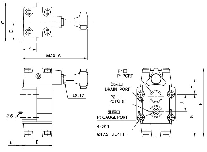 วาล์วลดแรงดัน RG03.06 (วาล์วแบบดั้งเดิม) แผนผังขนาด