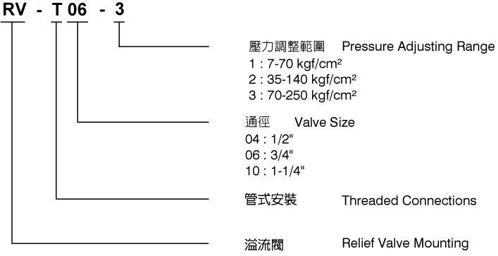 CML 引導式溢流閥RV-T04,RV-T06,RV-T10(傳統閥) 形式編碼