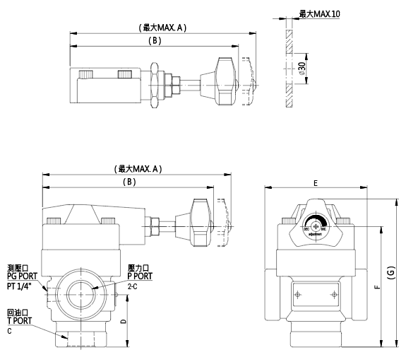 Válvula de alivio operada por piloto RV-T03, T04, T06, T10 (Válvula convencional) Diagrama de dimensiones