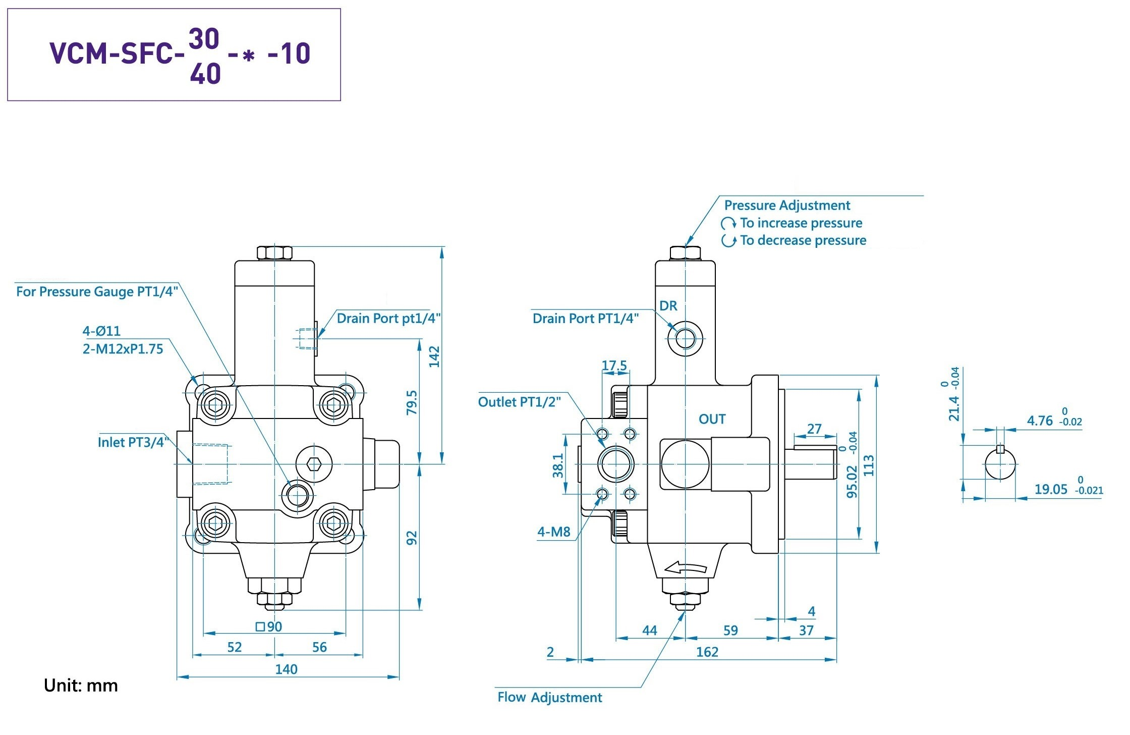 CML ปั๊มแวนแปรผันแบบตัวแปรพร้อมวาล์วตรวจสอบภายใน SFC การวัดขนาดและแผนผัง