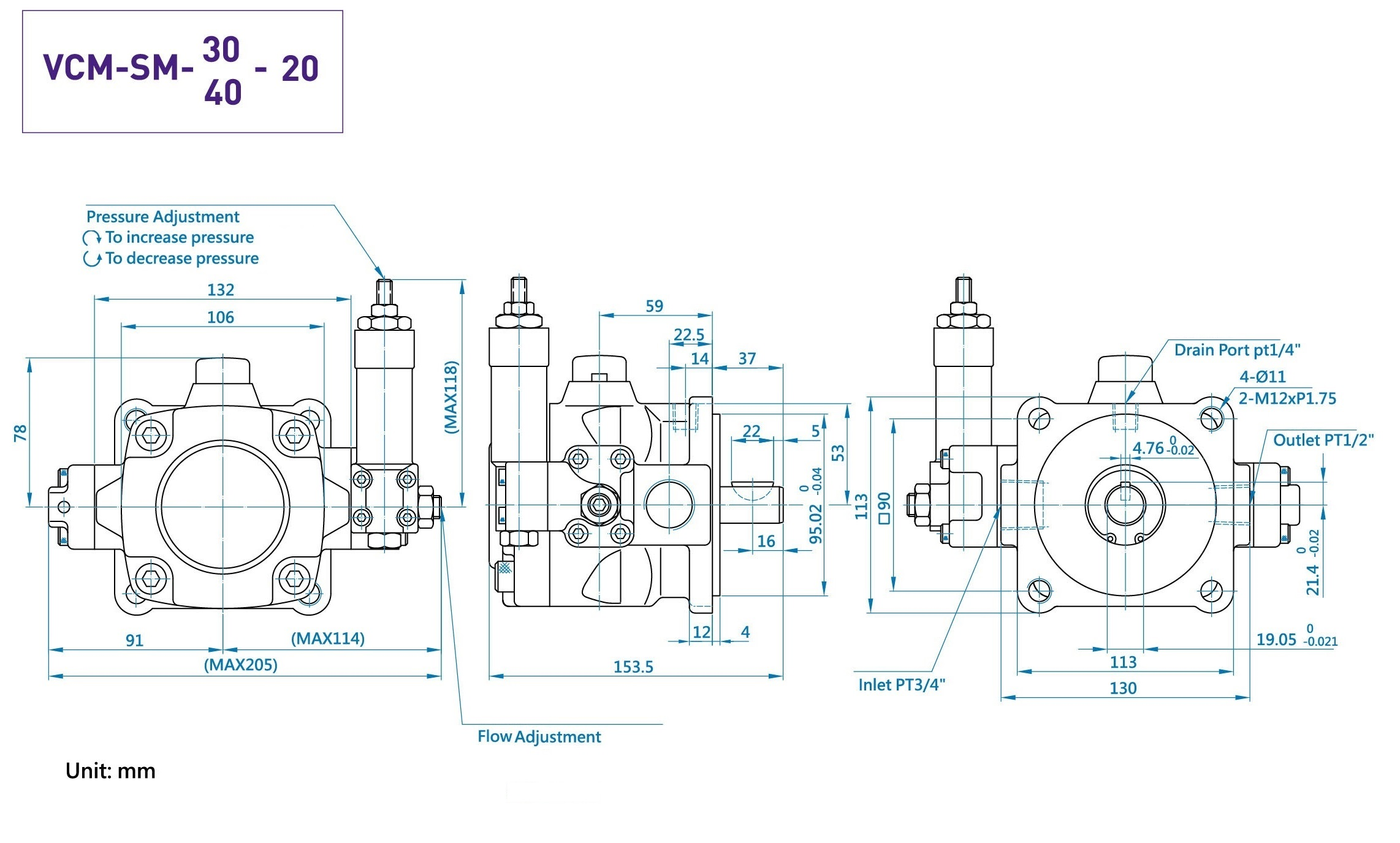 CML Medium Pressure Variable Vane Pump SM Measurement, Dimension, Diagram