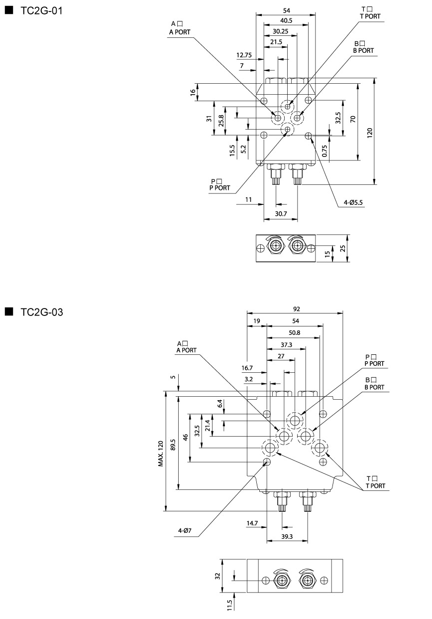 モジュラーサーボバルブおよびチェックバルブTC2G01.03（従来のバルブ）寸法図