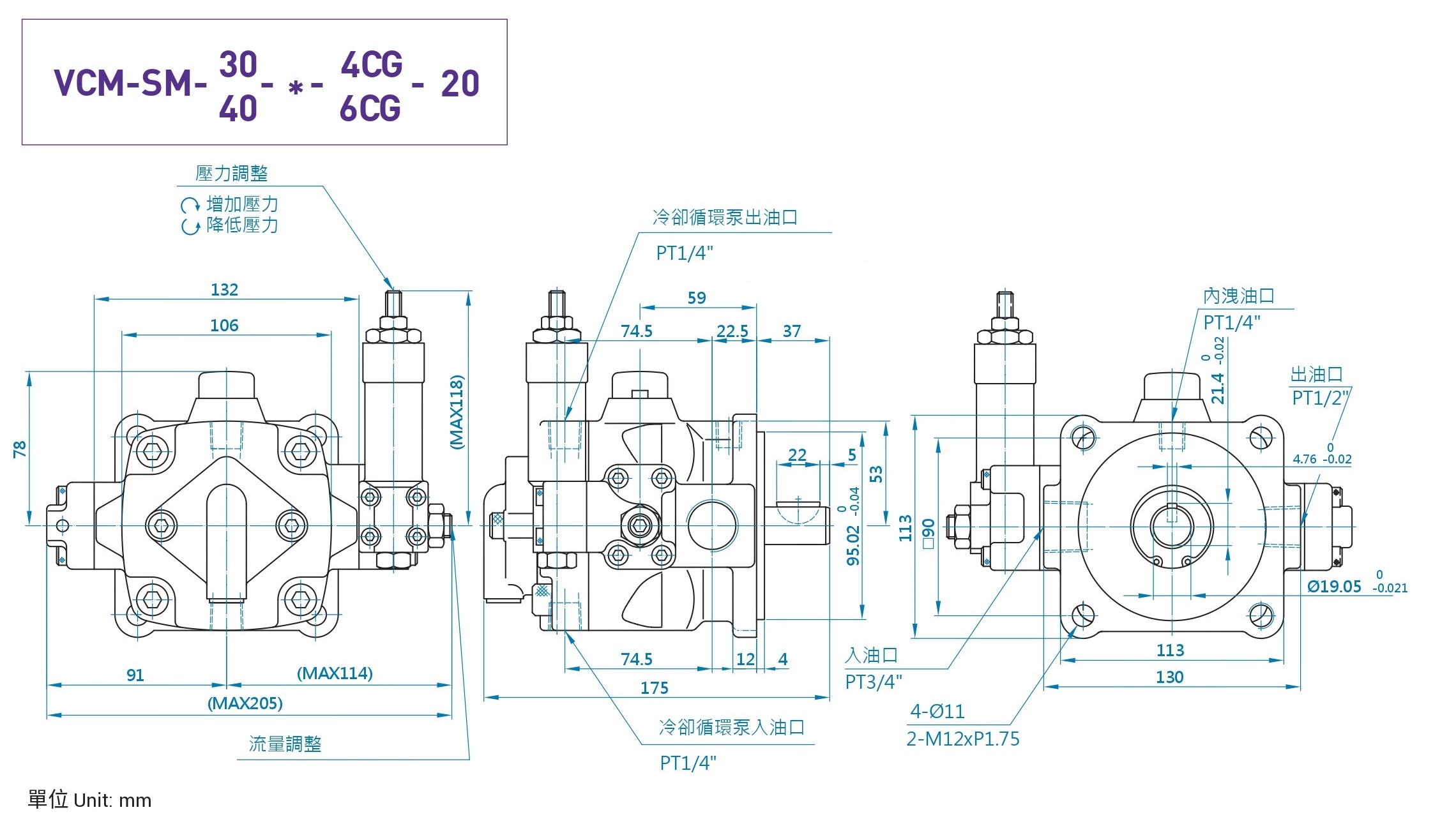 CML變量葉片泵附冷卻循環泵SM CG尺寸圖，高效率有效穩定油溫葉片幫浦。