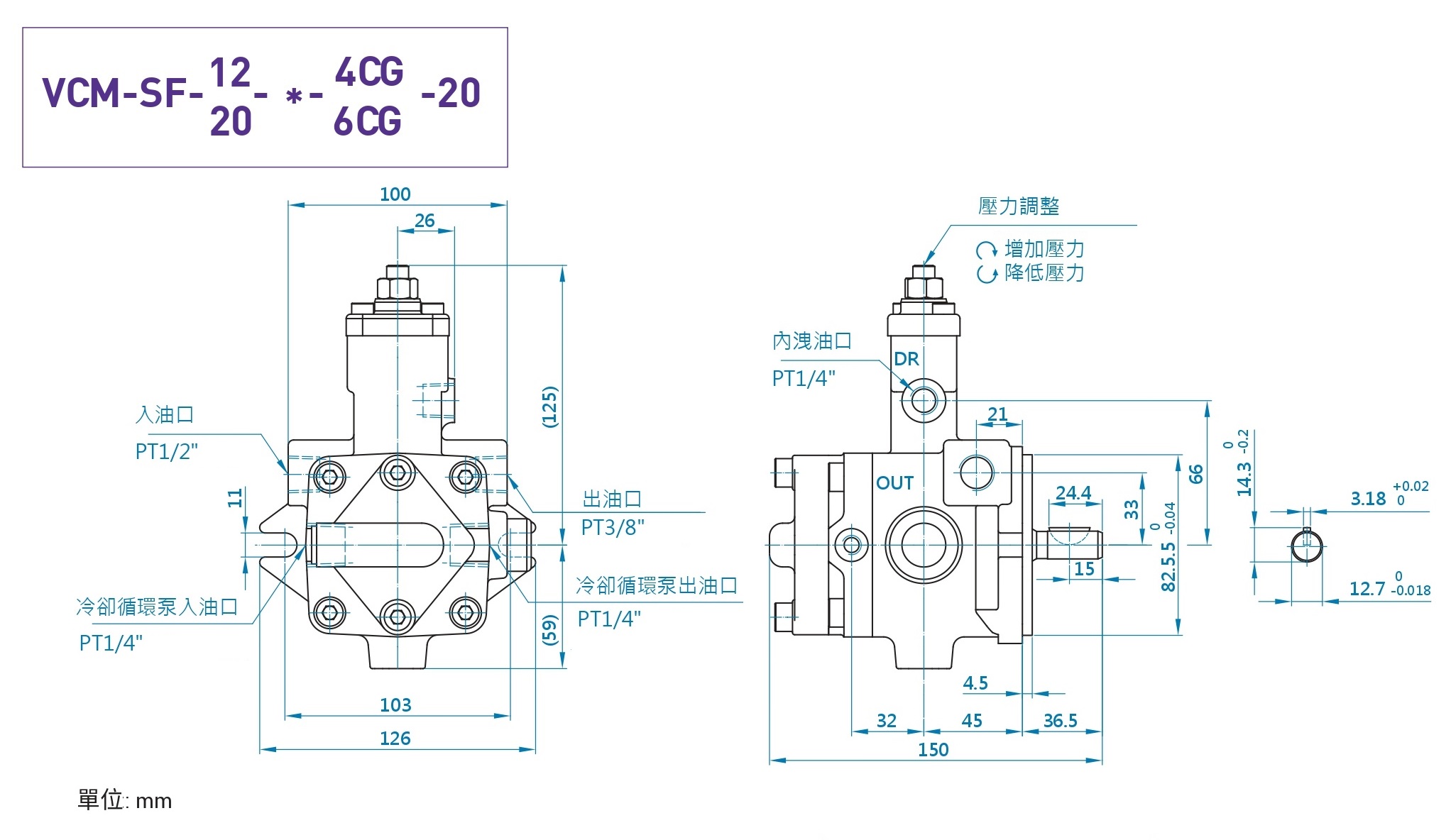 CML變量葉片泵附冷卻循環泵SF CG尺寸圖，高效率有效穩定油溫葉片幫浦。