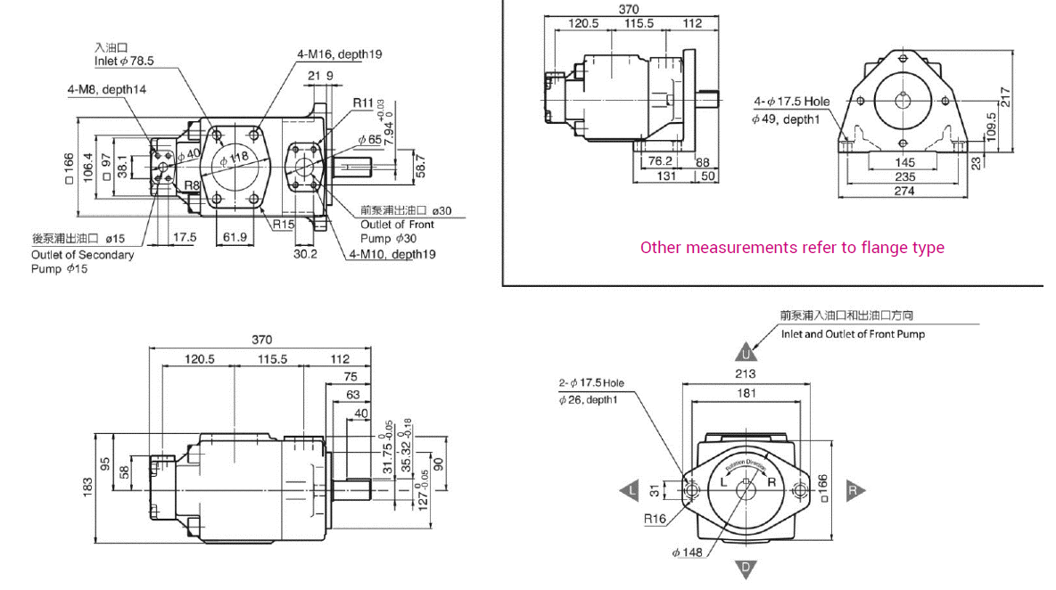 CML Doble bomba de paletas de desplazamiento fijo 13M, tipo de pie PV2R13, tipo de brida Dimensiones, diagrama