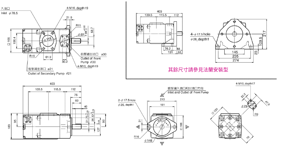 CML双联定量叶片泵23M, PV2R23 脚座型法兰型尺寸图