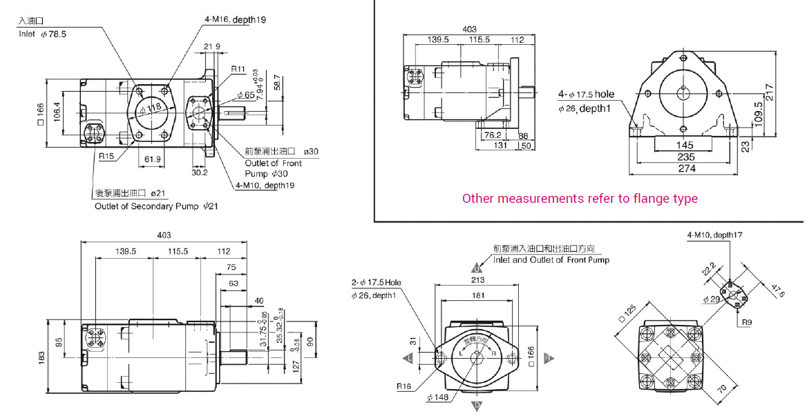 CML ปั๊มเวนคงที่คู่ รุ่น 23M, รุ่น PV2R23 ประเภทเท้า ประเภทหน้าแปลน ขนาด แผนภาพ