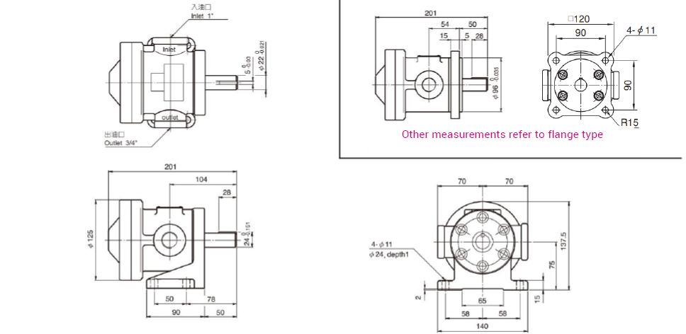 CML 低圧固定容量ベーンポンプ50T、150T フットタイプフランジタイプ 寸法、図