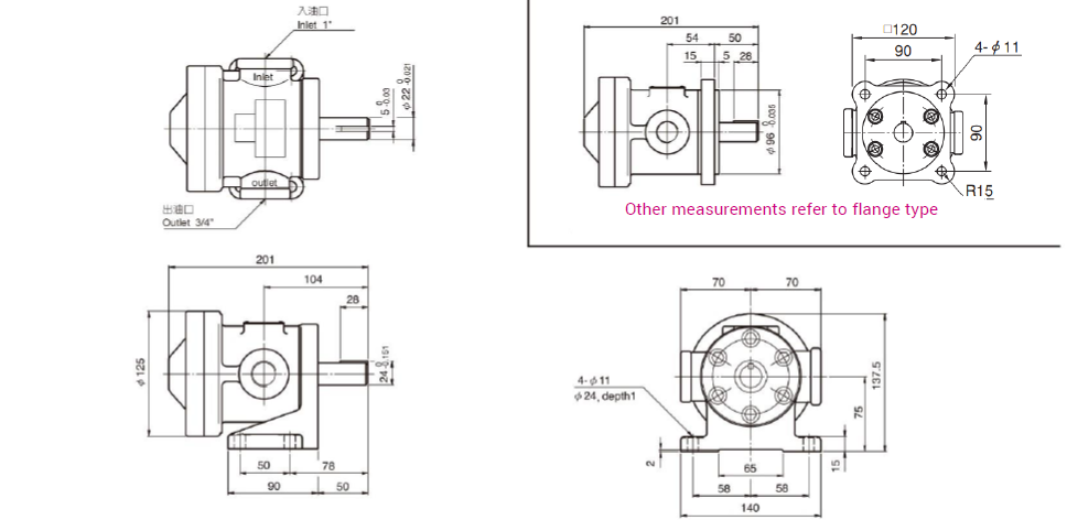 CML Bomba de palheta de deslocamento fixo de baixa pressão 50T,150T Tipo de pé Tipo de flange Dimensão, Diagrama