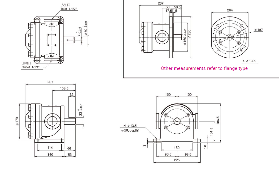 CML 低圧固定容量ベーンポンプ50T、150T フットタイプフランジタイプ 寸法、図