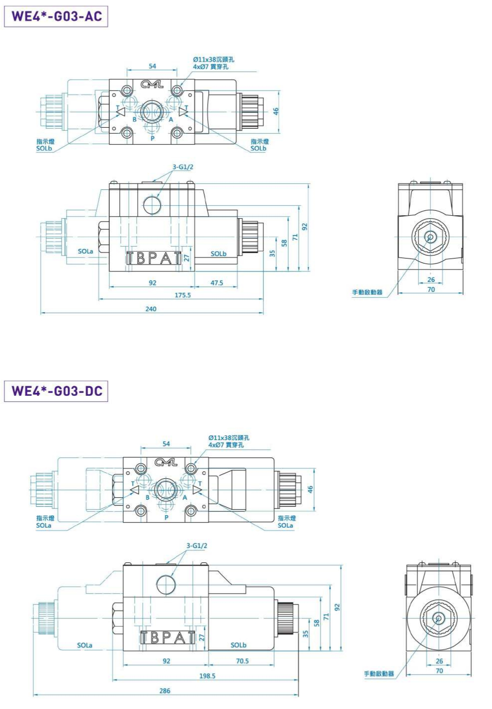 CML高背壓型電磁閥 WEG03 尺寸圖